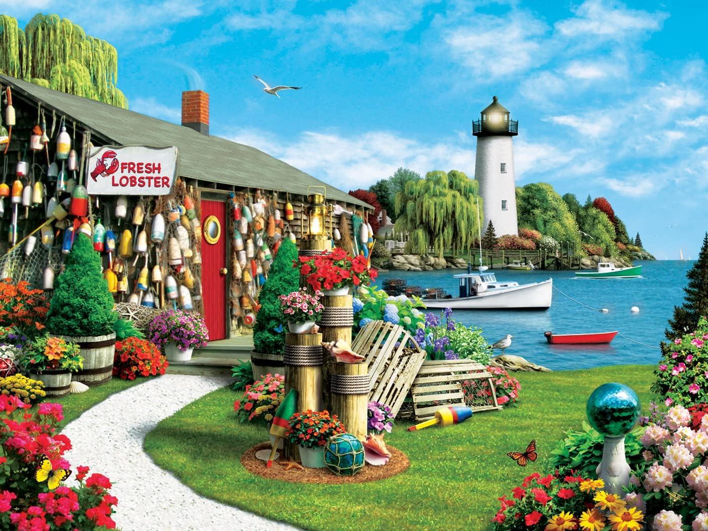 imageMasterPieces 300 Piece EZ Grip Jigsaw Puzzle Lobster Bay Seaside Lighthouse and Boat 18x24300 Piece