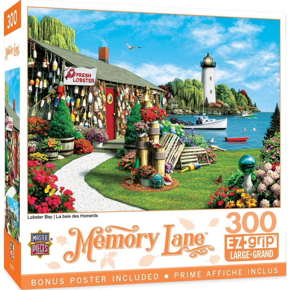 imageMasterPieces 300 Piece EZ Grip Jigsaw Puzzle Lobster Bay Seaside Lighthouse and Boat 18x24300 Piece