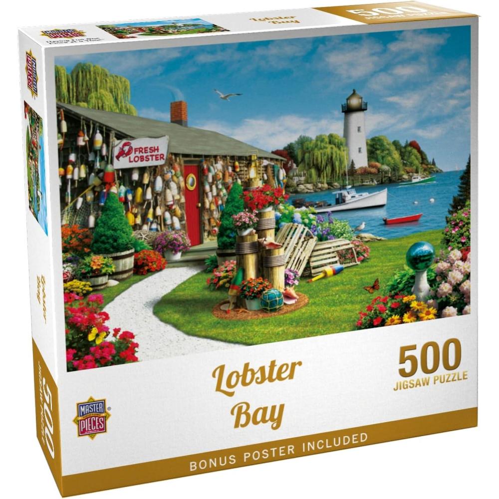 imageMasterPieces 300 Piece EZ Grip Jigsaw Puzzle Lobster Bay Seaside Lighthouse and Boat 18x24500 Piece