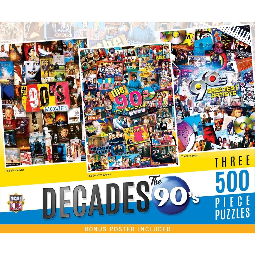 image3Pack 500pc Puzzles The 80s Jigsaw Puzzle with Vibrant Artwork and Durable Pieces Fun Family Activity Brain Challenge and Educational Entertainment for Kids Teens and AdultsThe 90s