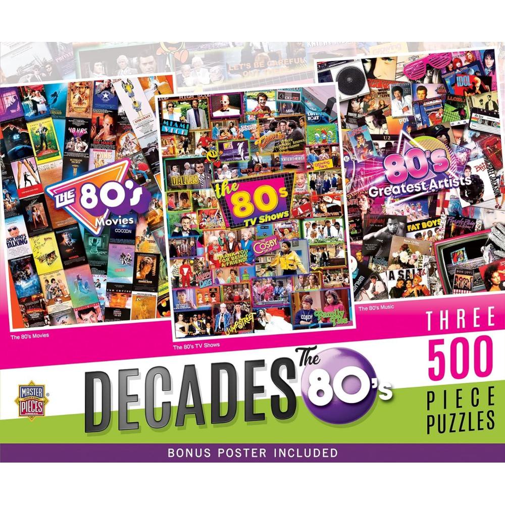 image3Pack 500pc Puzzles The 80s Jigsaw Puzzle with Vibrant Artwork and Durable Pieces Fun Family Activity Brain Challenge and Educational Entertainment for Kids Teens and AdultsThe 80s