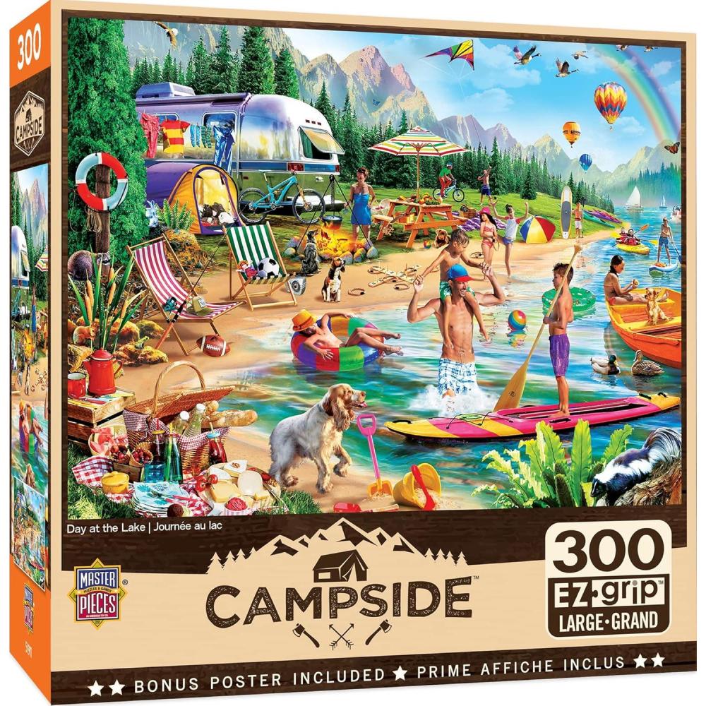 imageMasterPieces  300 Piece Jigsaw Puzzle Large EZ Grip Shapes Camp Day at The Lake Fun for Adults Seniors Family Kids NonGlare Finish 18x24300 Piece