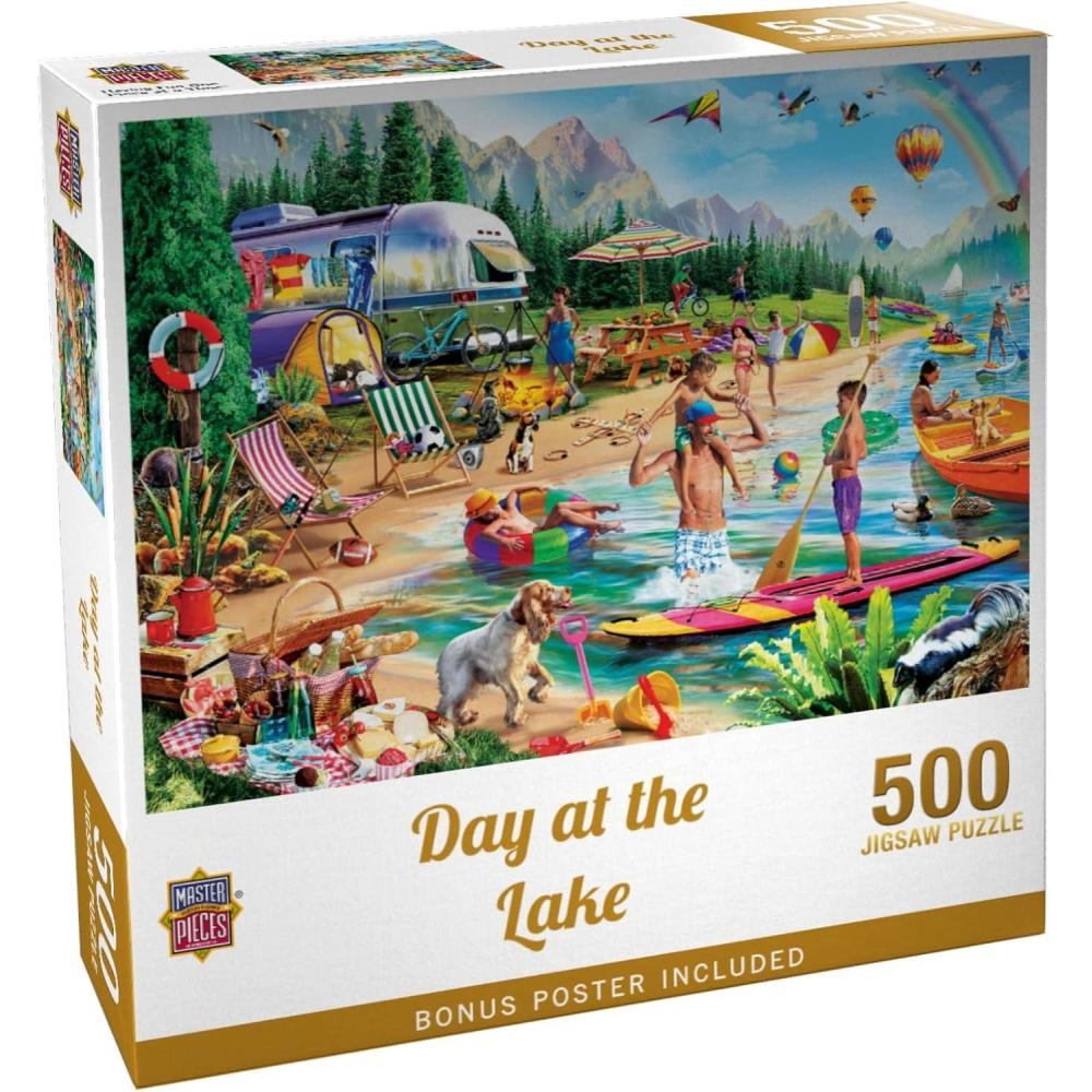 imageMasterPieces 300 Piece Jigsaw Puzzle Large EZ Grip Shapes Camp Day at The Lake Fun for Adults Seniors Family Kids NonGlare Finish 18x24500 Piece