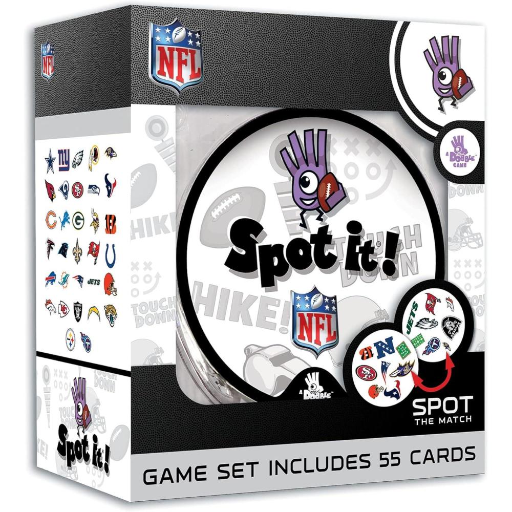imageSpot It NFL Edition Card Game FastPaced Matching Game Featuring Official NFL Team Logos amp Football Symbols 55 Cards with 5 Mini Games Family Party amp Travel Game for Kids amp Adults