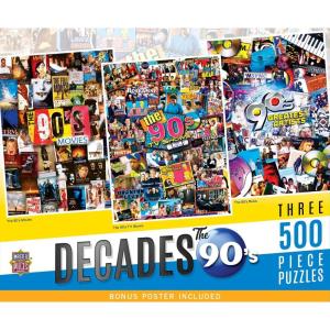 3-Pack 500pc Puzzles – The 80’s – Jigsaw Puzzle with Vibrant Artwork and Durable Pieces – Fun Family Activity, Brain Challenge, and Educational Entertainment for Kids, Teens, and Adults(The 90’s)