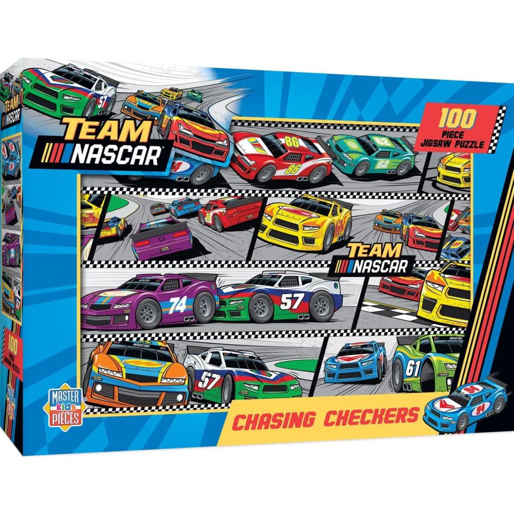 imageMasterPieces 100 Piece Jigsaw Puzzle for Kids NASCAR Chasing Checkers Game 14 x 19 Team NASCAR Toys Ages 6