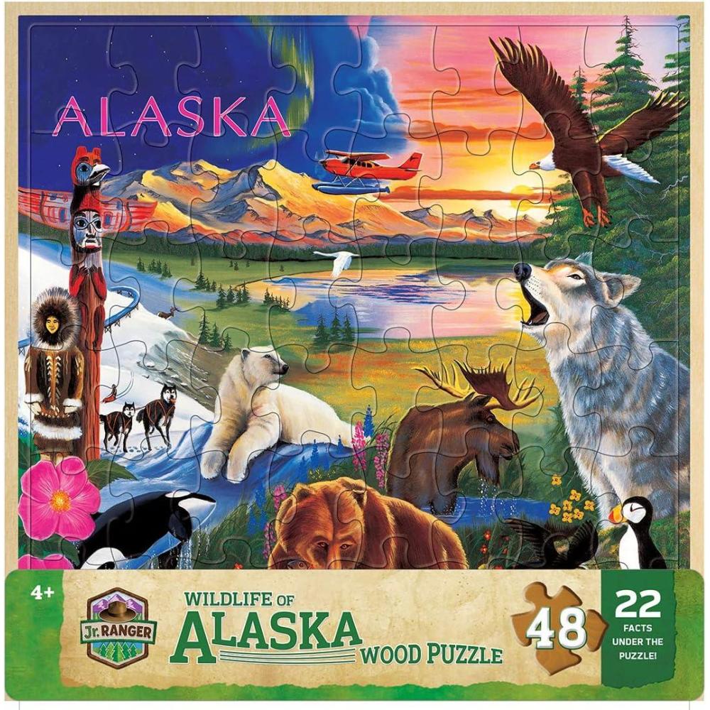 imageMasterPieces 48 Piece Fun Facts Jigsaw Puzzle for Kids Jr Ranger Alaska Wildlife Wood Puzzle 12x12