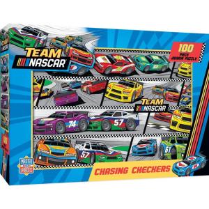MasterPieces 100 Piece Jigsaw Puzzle for Kids – NASCAR Chasing Checkers Game – 14″ x 19″ – Team NASCAR Toys – Ages 6+