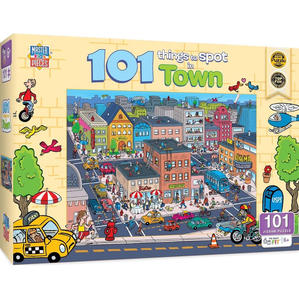 imageMasterpieces 100 Piece Family Jigsaw Puzzle for Kids 101 Things to Spot on a Farm 14x19Things to Spot in Town