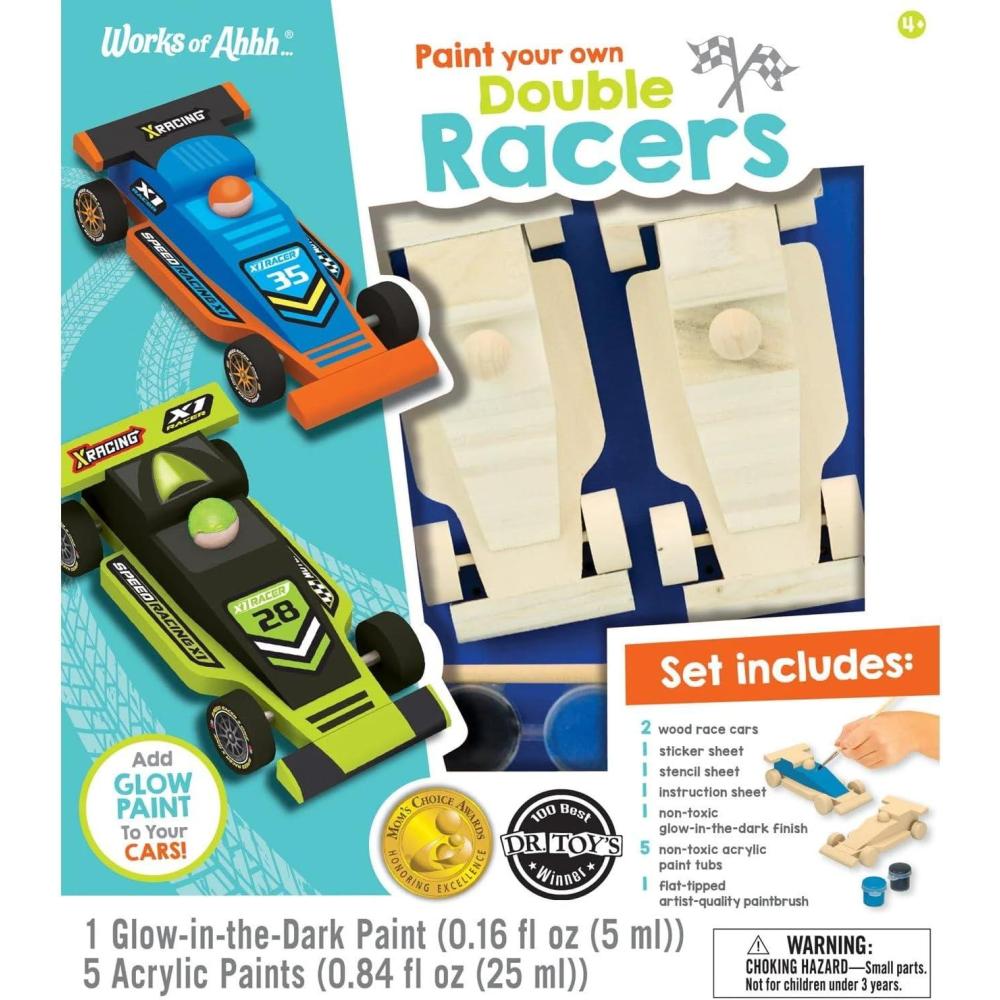 imageWorks of Ahhh Kids Wood Craft Kit  Double Racers Classic Wood Painting Crafts Set with GlowinTheDark Paint Ages 6