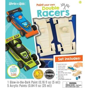 Works of Ahhh… Kids Wood Craft Kit – Double Racers Classic Wood Painting Crafts Set with Glow-in-The-Dark Paint, Ages 6+