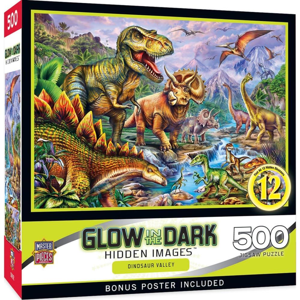 imageMasterPieces 500 Piece Jigsaw Puzzle Glows in The Dark Hidden Images Dinosaur Valley Fun for Adults Family Kids 15 x 21500 Piece