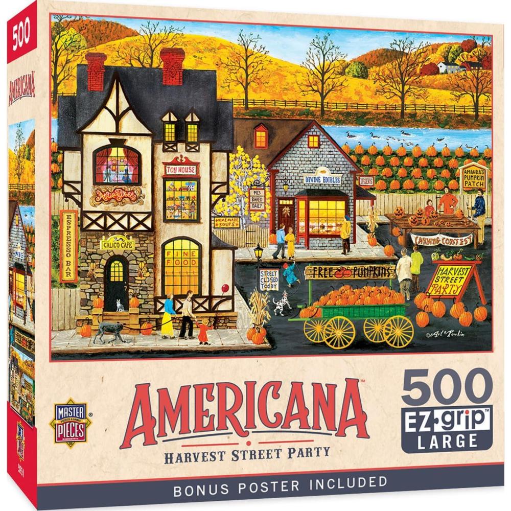imageMasterPieces 500 Piece Jigsaw Puzzle Large EZ Grip Shapes Harvest Street Party Fun for Adults Seniors Family Kids 1925 x 2675Harvest Street Party
