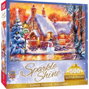 Masterpieces 500 Piece Glitter Christmas Jigsaw Puzzle – Snowman Cottage – 15″x21″