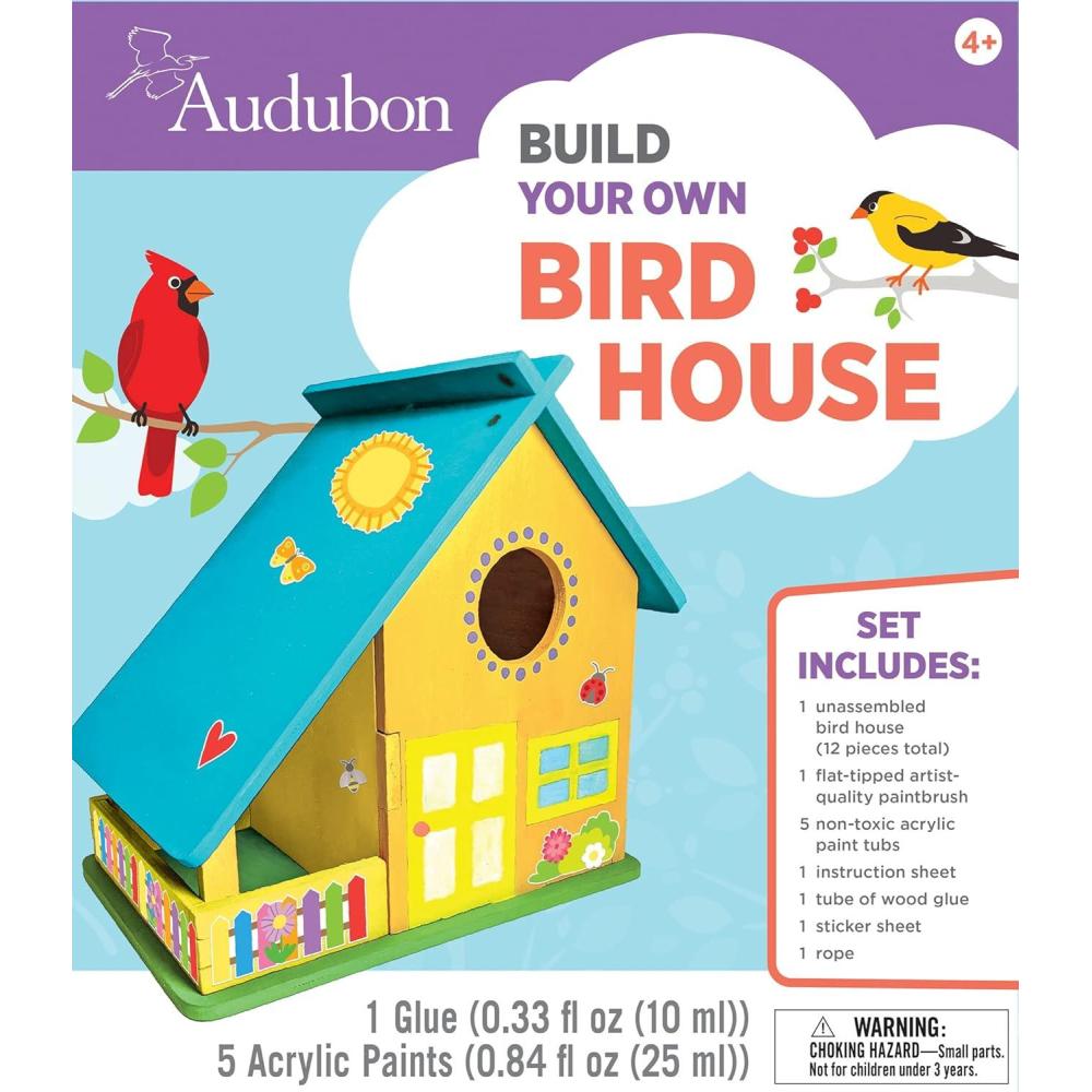 imageWorks of Ahhh Audubon Bird House Kit Buildable Wood Paint Set for Kids Complete Craft Kit with Paint amp Sequins Unisex All Ages