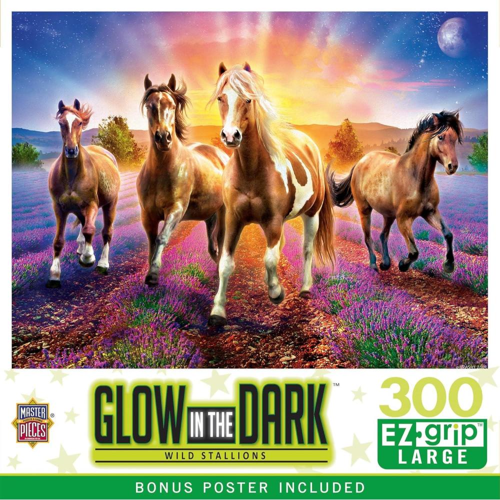 imageMasterPieces  300 Piece Jigsaw Puzzle with Large EZ Grip Shapes Glows in The Dark Wild Stallions Activity Fun for Adults Seniors Family Kids 18 x 24300 Piece