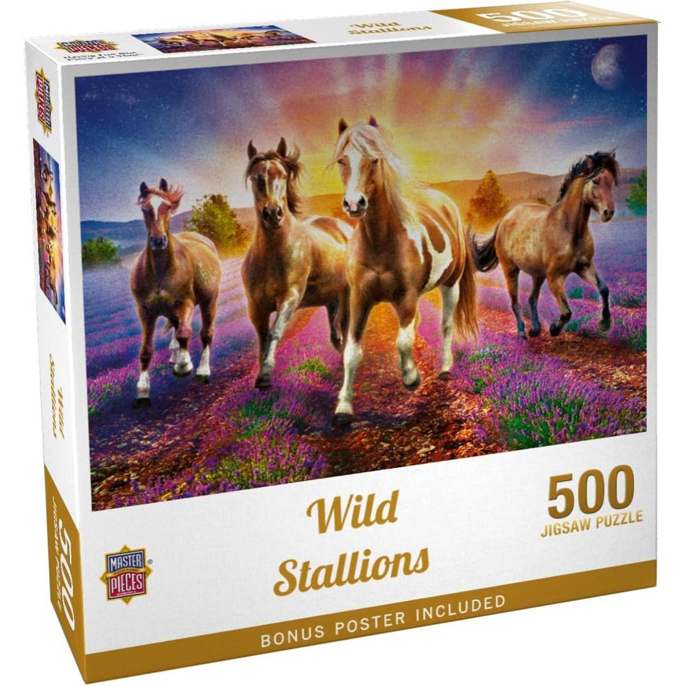 imageMasterPieces 300 Piece Jigsaw Puzzle with Large EZ Grip Shapes Glows in The Dark Wild Stallions Activity Fun for Adults Seniors Family Kids 18 x 24500 Piece